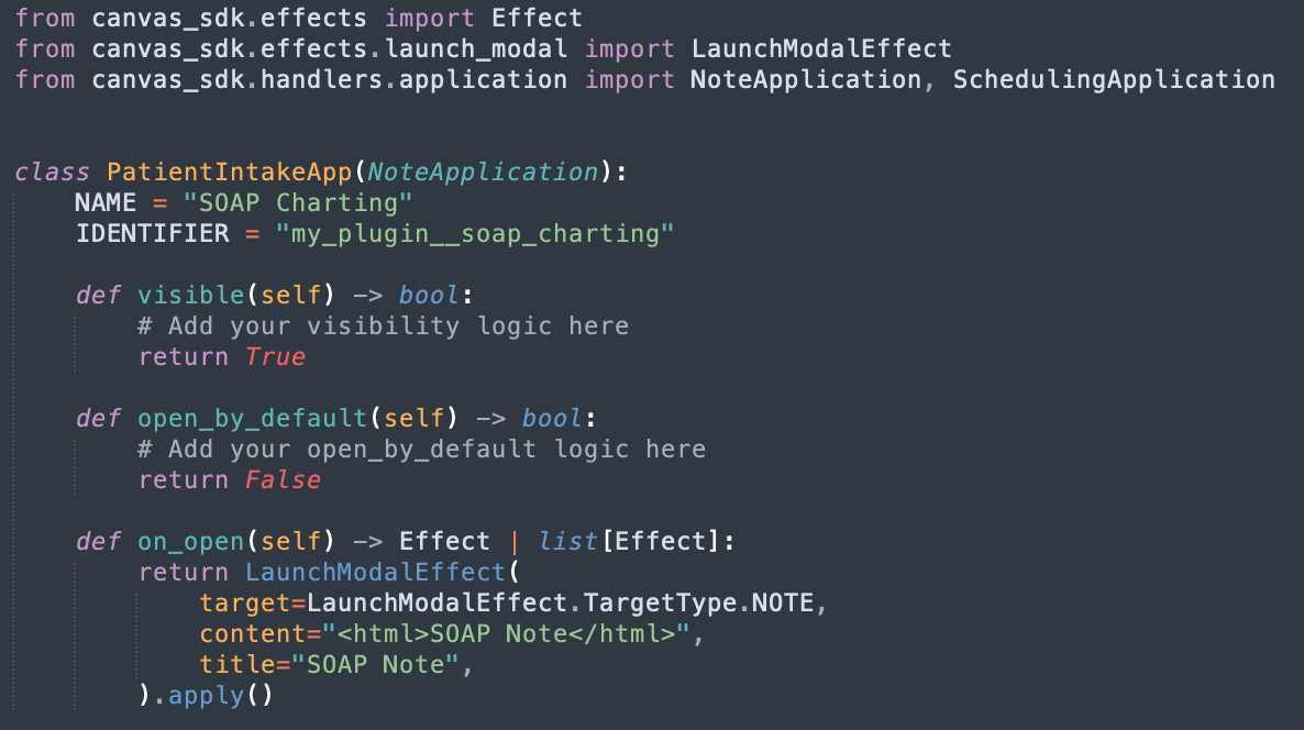 Abridged source code of a NoteApplication and SchedulingApplication implementation.