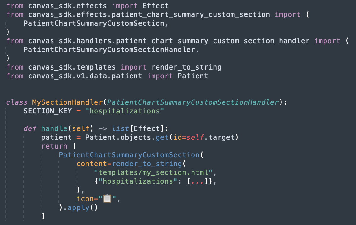 Abridged source code of a patient chart summary custom section handler implementation.