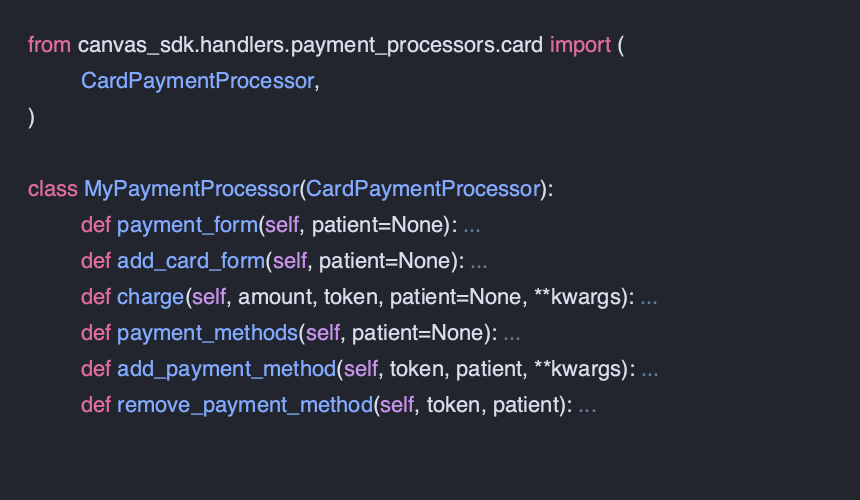 Abridged source code of a payment processor implementation.